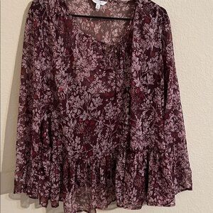 Lucky Brand Burgundy Floral Blouse Sheer Floral Romantic Boho